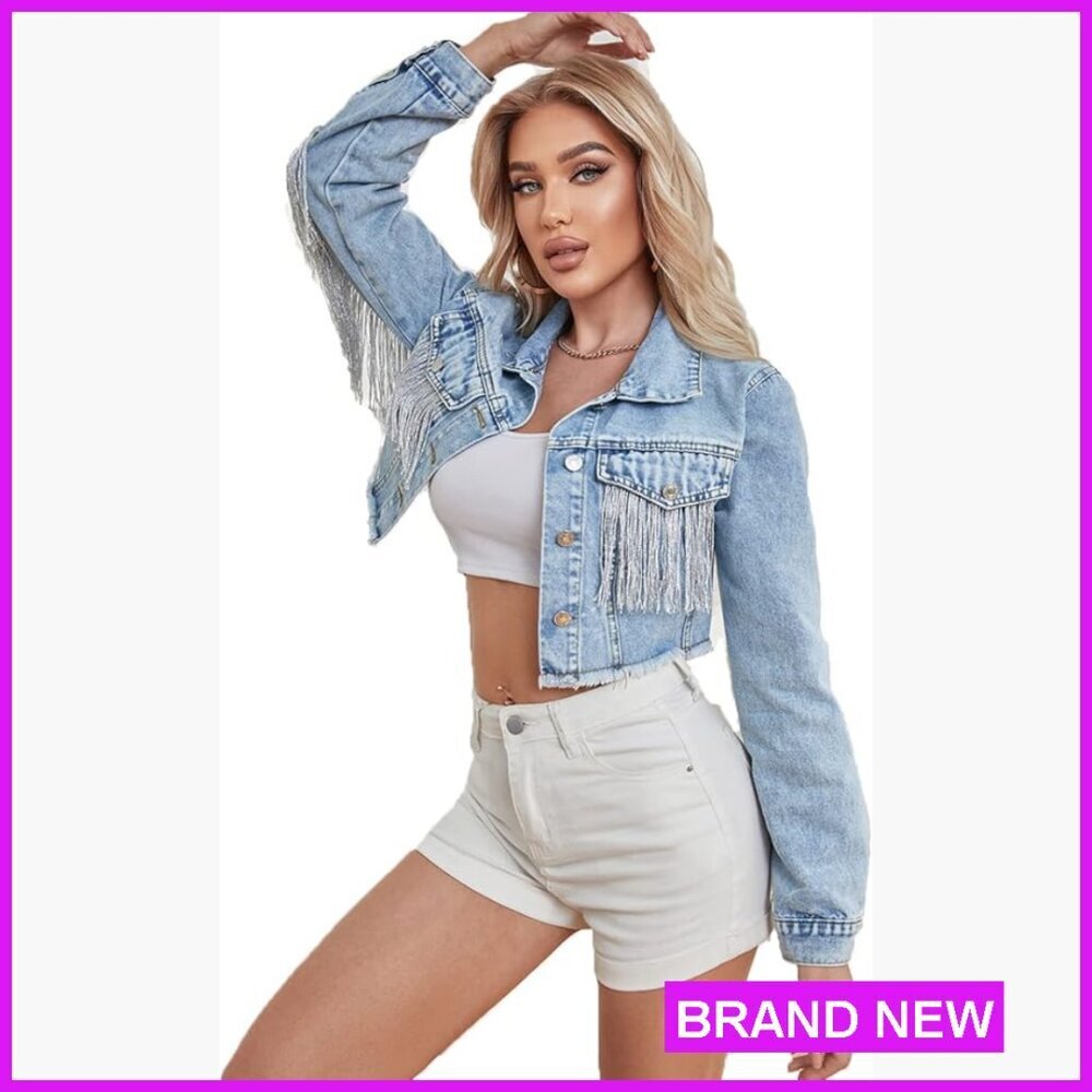 Cropped Denim Jacket with Fringe Detail Slim Fit Casual Boho Chic
